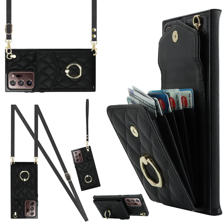 Rhombic Texture Card Bag Phone Case with Long Lanyard, For Samsung Galaxy Note20 Ultra