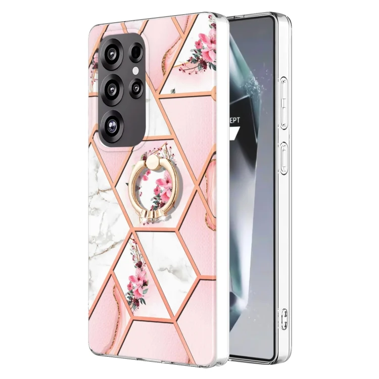 Electroplating Splicing Marble Flower Pattern TPU Shockproof Case with Rhinestone Ring Holder, For Samsung Galaxy S25 Ultra 5G, For Samsung Galaxy S24 Ultra 5G, For Samsung Galaxy S24+ 5G...