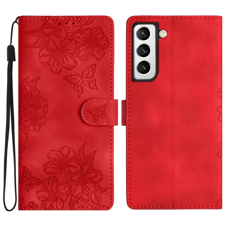 Cherry Blossom Butterfly Skin Feel Embossed PU Phone Case, For Samsung Galaxy S21 FE 5G, For Samsung Galaxy S21+ 5G