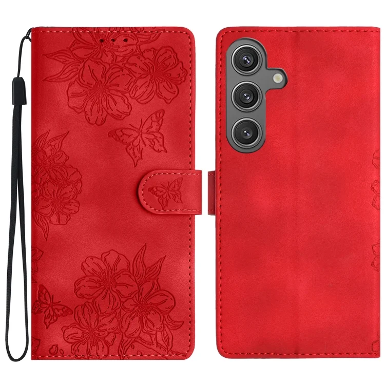 Cherry Blossom Butterfly Skin Feel Embossed PU Phone Case, For Samsung Galaxy S24 FE 5G