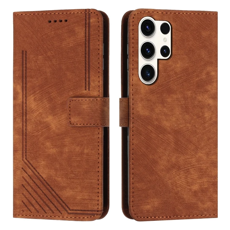 Skin Feel Stripe Pattern Leather Phone Case with Long Lanyard, For Samsung Galaxy S25 Ultra 5G