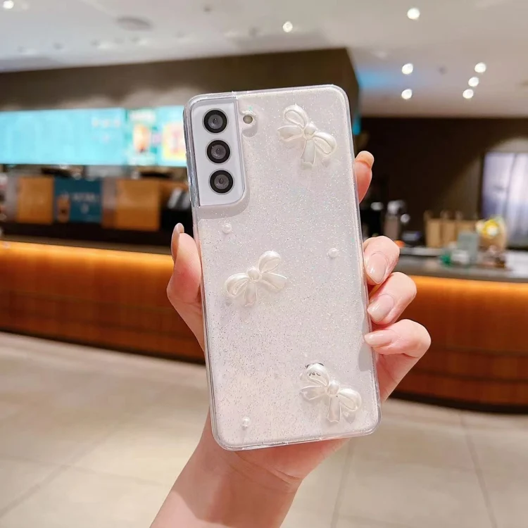 Pearl Bow Glitter Epoxy TPU Phone Case, For Samsung Galaxy S22 5G, For Samsung Galaxy S22+ 5G, For Samsung Galaxy S22 Ultra 5G, For Samsung Galaxy S23 5G, For Samsung Galaxy S23+ 5G...