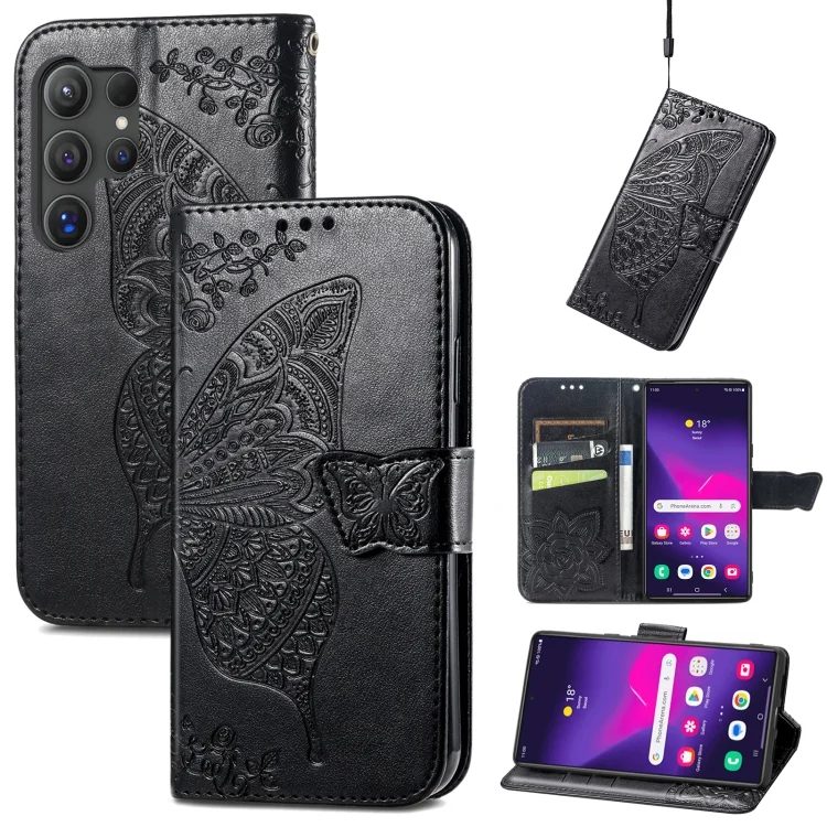 Butterfly Love Flower Embossed Leather Phone Case, For Samsung Galaxy S24 Ultra 5G, For Samsung Galaxy S24+ 5G