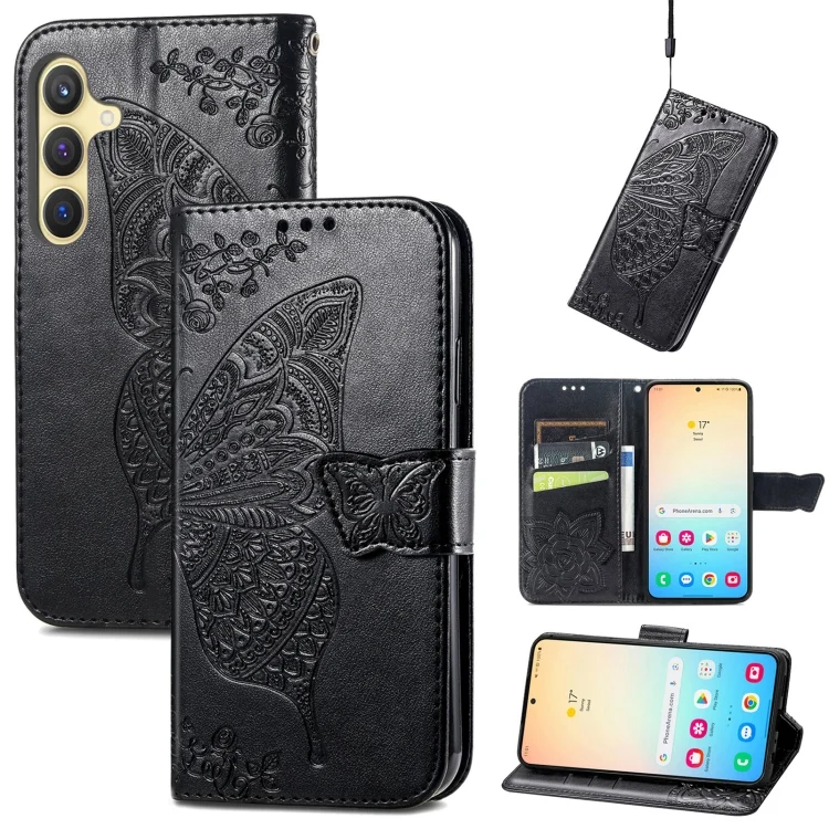 Butterfly Love Flower Embossed Leather Phone Case, For Samsung Galaxy S25+ 5G, For Samsung Galaxy S25 Ultra 5G