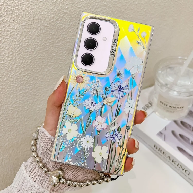 Electroplating Laser Flower Phone Case with Wrist Strap, For Samsung Galaxy A35 5G